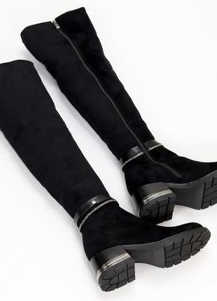 Чорні жіночі замшеві зимові високі чоботи ботфорти низький підбор3 фото