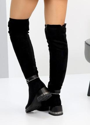 Чорні жіночі замшеві зимові високі чоботи ботфорти низький підбор9 фото