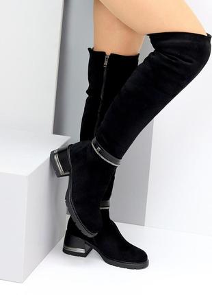 Чорні жіночі замшеві зимові високі чоботи ботфорти низький підбор8 фото