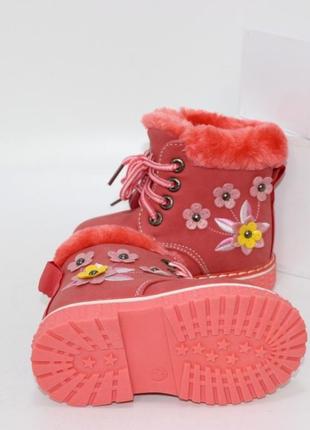 Черевики для дівчаток теплі зимові з квіточками в кольорі корал5 фото
