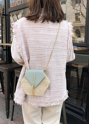 Женская мини сумочка клатч плетеная соломенная маленькая сумка шестигранная мятный6 фото