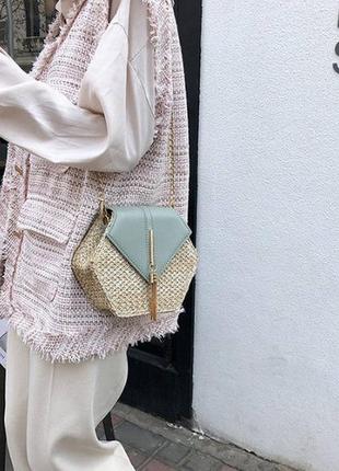 Женская мини сумочка клатч плетеная соломенная маленькая сумка шестигранная мятный3 фото