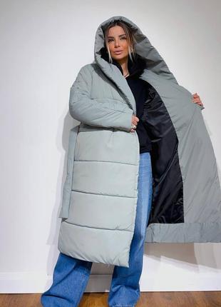 Зима!!! куртка пуховик пальто непромокаемая непродуваемая с капюшоном длинная одеяло с поясом дутик пуффер оливка мята бежевый коричневый2 фото