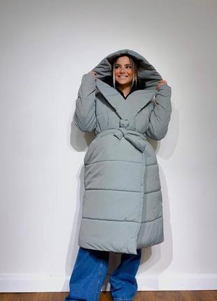 Зима!!! куртка пуховик пальто непромокаемая непродуваемая с капюшоном длинная одеяло с поясом дутик пуффер оливка мята бежевый коричневый3 фото