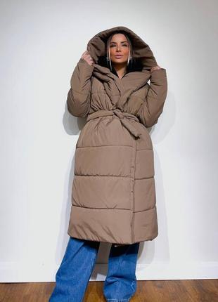 Зима!!! куртка пуховик пальто непромокаемая непродуваемая с капюшоном длинная одеяло с поясом дутик пуффер оливка мята бежевый коричневый