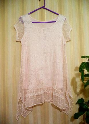 Пляжное ажурное мини платье-туника с асимметричной длинной.