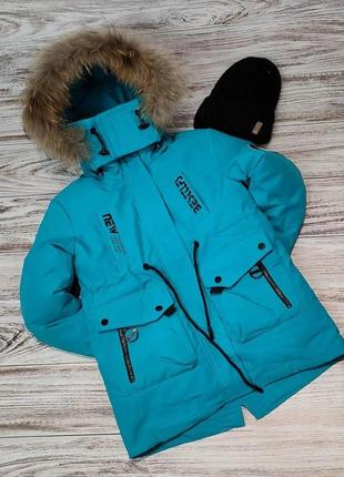 Теплая зимняя удлиненная бирюзовая куртка для девочки с капюшоном1 фото