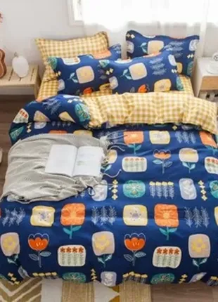Berni home комплект постельного белья в клетку с цветочным принтом синий с желтым big flowers (полут