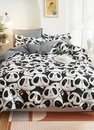 Berni home комплект постельного белья в клетку с изображением панды черный с белым cute panda (полут