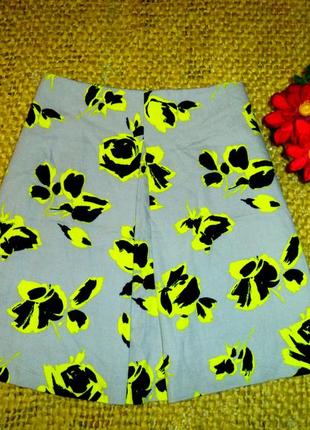 Шикарная контрастная юбочка трапеция  серо-лимонный  цветочный узор1 фото