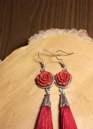 Шикарні сережки сережки кисті пензлика з трояндою вишневі темно-червоні2 фото