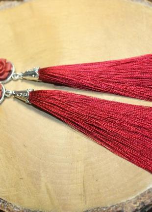 Шикарні сережки сережки кисті пензлика з трояндою вишневі темно-червоні4 фото
