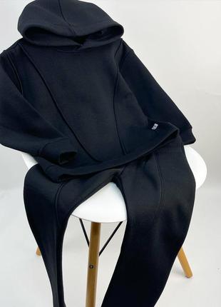 Чорний трикотажний костюм на флісі теплий та зручний з капюшоном