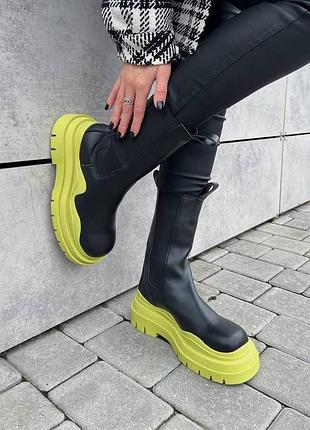 Крутейшие женские ботинки bottega veneta black/green premium чёрные с салатовым