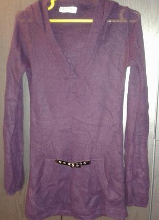 Тепла в'язана кофтинка-кенгурушка фіолетового кольору із капюшоном, р. s/m.