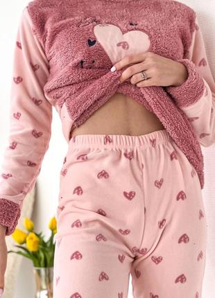 Теплая🔥 женская махровая флисовая пижама теплый домашний комплект костюм брюки и кофта4 фото