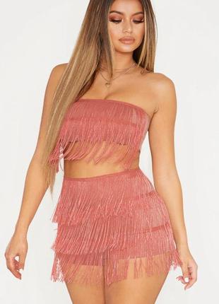 Pretty little thing шорты розовые коралловые для танцев с бахромой новые короткие