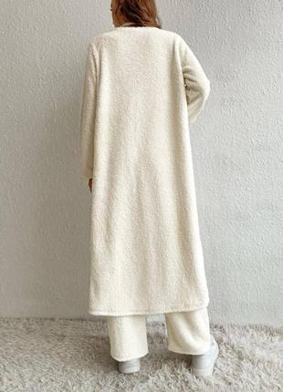 Комплект теплий для дому хутро тедді: халат - кардиган + топ + вільні штани, домашній хутряний костюм молочний, білий, бежевий5 фото