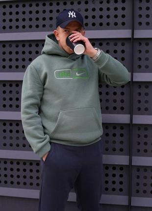Зимняя мужская тёплая толстовка худи с капюшоном на флисе nike