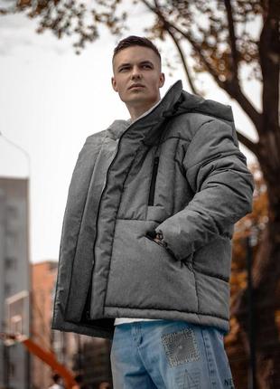 Зимняя мужская куртка пуховик с капюшоном серая