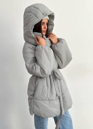 До -20° зима!! куртка пальто пуховик с капюшоном длинный с поясом дутик одеяло серое голубое теплое8 фото