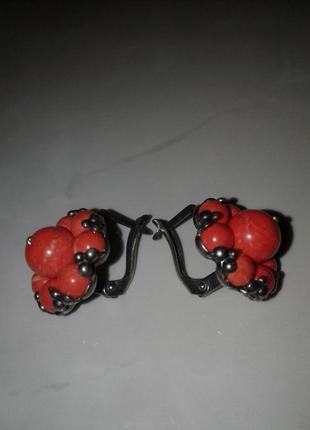 Серьги  с кораллами (мельхиор, им. коралла) 5