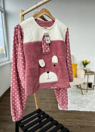 М'якенька тепла піжама в горошок з ведмедиком рожева