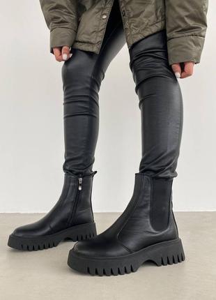 Теплые ботинки челси на резинке, сапоги черные кожаные женские зимние (зима 2022-2023) для женщин, удобные, комфортные, стильные5 фото