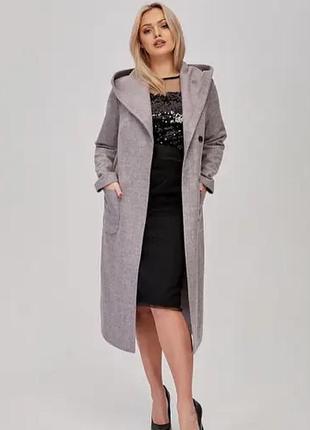 Пальто жіноче сіре довге з капюшоном та поясом без підкладки