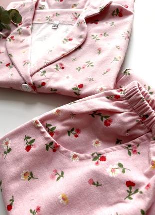 Піжама фланель байка рожева квіти сорочка штани нна ґудзиках тепла на зиму пижама рубашка3 фото