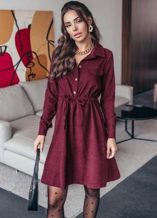 Жіноче повсякденне бордове плаття-сорочка з якісного мікровельвету з куліскою на талії