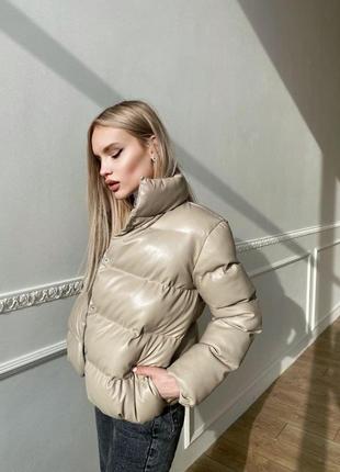 Зима!! куртка пуховик дутик пуффер теплая кожа короткая черная мооко кэмел коричневая шоколад бежевая песочная7 фото