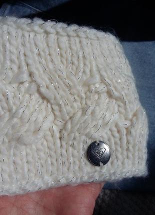 Теплая кремовая вязанная косичкой повязка на голову/уши с серебряной нитью и флисом roxy3 фото
