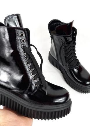 Черные ботинки женские / черный берц ботинки / кожаные ботинки женские / берц женский / трендовые ботинки женские