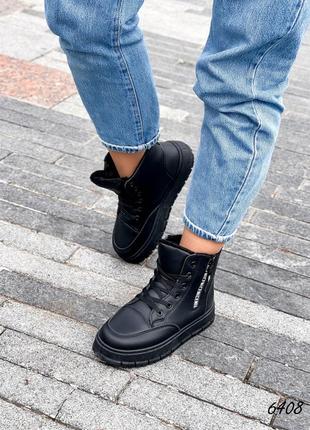 Черные кожаные зимние высокие кроссовки кеды хайтопы спортивные ботинки на толстой подошве платформе с молнией сбоку зима7 фото