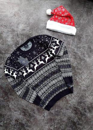 В'язаний новорічний чорний із білим светром з оленями теплий новорічний вовняний джемпер
