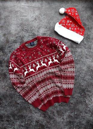 Вязаный новогодний бордовый свитер с оленями теплый новогодний шерстяной джемпер