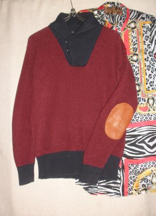 Комфортний светр джемпер з комірцем поло  та шкіряними латками1 фото