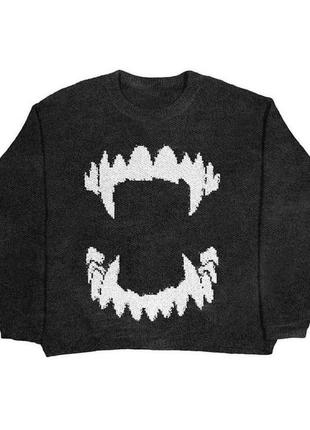 Кофта свитер чёрная серая с принтом зубы клыки укус зубами вампир