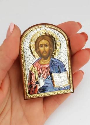 Серебряный образ хреста спасителя на деревяной основе 6смх4см с цветным напылением икона иисус христос1 фото