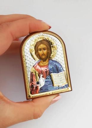 Серебряный образ хреста спасителя на деревяной основе 6смх4см с цветным напылением икона иисус христос2 фото