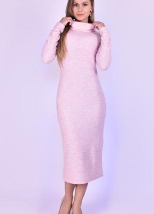 Подовжена жіноча сукня - светр з коміром-хомут, рожева4 фото