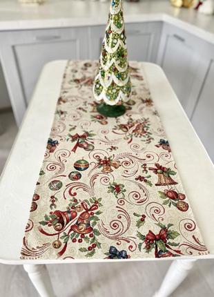 Наперон на стіл новорічний, 37x100 см., гобелен з золотим люрексом3 фото