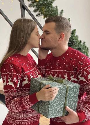 Вязаный новогодний красный свитер с оленями теплый новогодний шерстяной джемпер4 фото
