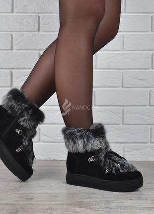 100% натуральные ботинки замшевые на овчине опушка кролик на платформе женские зимние1 фото