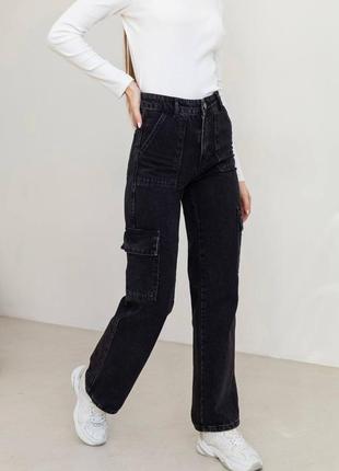 Джинси карго, джинси труби, прямі джинси, джинси з карманами, чорна варка2 фото