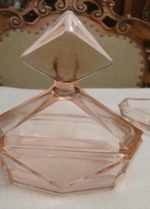 Антикварный парфюмерный набор флакон для духов шкатулка розовое стекло 1930 годов №9959 фото