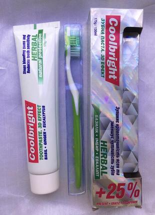 Набір лікувальна зубна паста щітка від кровоточивості ясен антибактеріальна від запалень чутливості акація базилік імбир евкаліпт м'ята coolbright1 фото