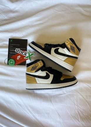 Женские высокие кожаные кроссовки nike air jordan 1 retro 1 high og energy "black - metallic gold#найк