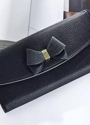 Женский раскладной кошелек-портмоне с бантом эко кожа черного цвета